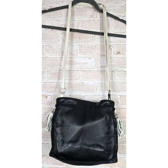 Brighton Handbags - BRIGHTON GLORIETTA Black Leather White Tasseled Crossbody Bag Purse Organizer